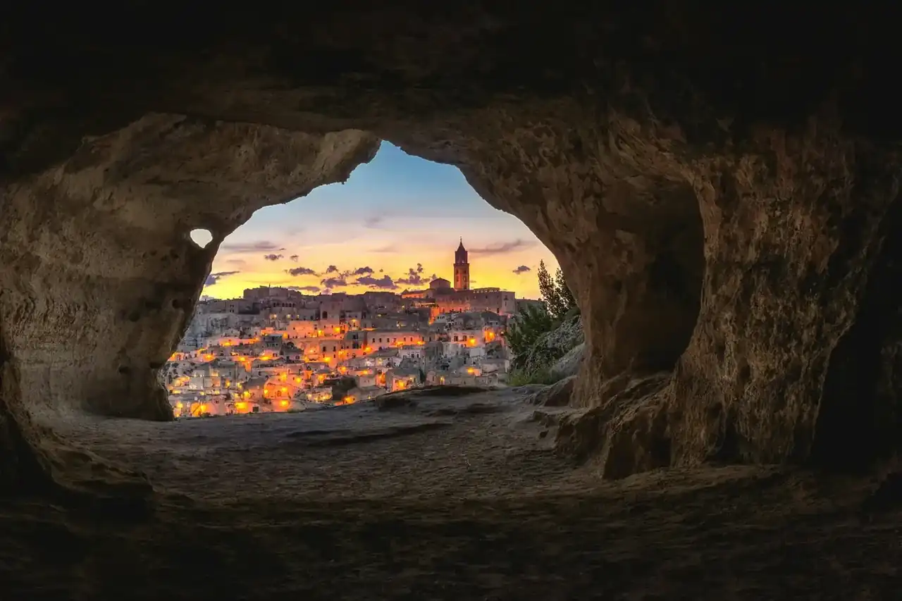 Matera, the Sassi at sunset seen from a cave